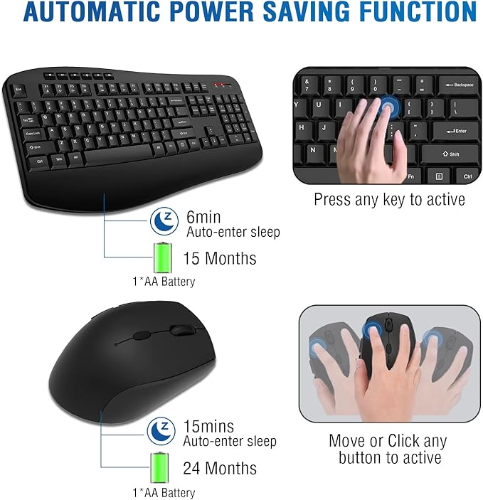 Wireless Keyboard Mouse Combo, EDJO 2.4G Full-Sized Ergonomic Keyboard with Comfortable Palm Rest and Optical Wireless Mouse for Windows, Mac OS PC/Desktops/Laptops (Grey)