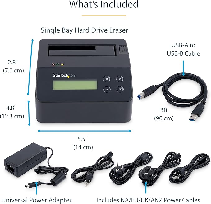 StarTech Single Bay Hard Drive Eraser, Standalone HDD/SSD Disk Sanitizer, NIST 800-88 & DOD 5220.22-M Secure Erase, 4Kn, USB 3.0 to SATA III, 9 Erase Modes, RS232 Printer Port, TAA Compliant