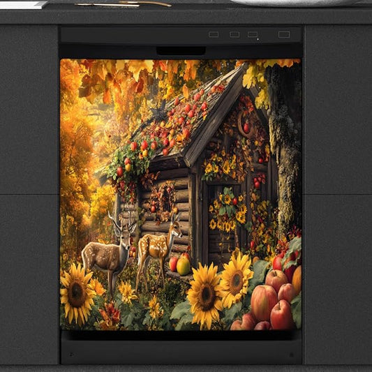 Apple Autumn House Deer Dishwasher Magnet Cover for The Front Magnetic Dishwasher Door Covers Dish Washer Sticker Wrap Home Decorative Appliances Panel Decal Kitchen Decor 23" x 26" (Magnetic)