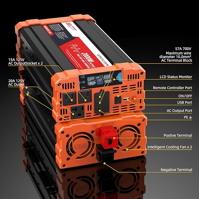BELTTT 2000W Pure Sine Wave Inverter, Inverter 12V DC to 120V AC for Solar, RV, Truck, Outdoor, Power Inverter with Dual AC and 20A Socket, 5V 2.1A USB, Surge 4000W, Hardwire Port, Remote Controller
