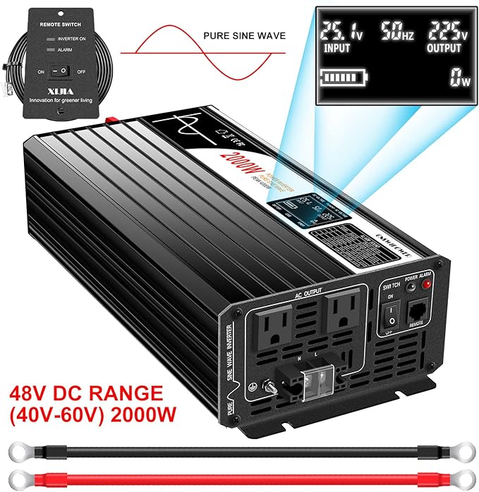 Xijia 2000W Pure Sine Wave Inverter, 48V to 120V AC Power Converter for Winter Home Backup, Solar Systems, RV and Truck Cold-Weather Use, Remote & Bluetooth Control, with 2×20A AC Sockets, 4000W Peak