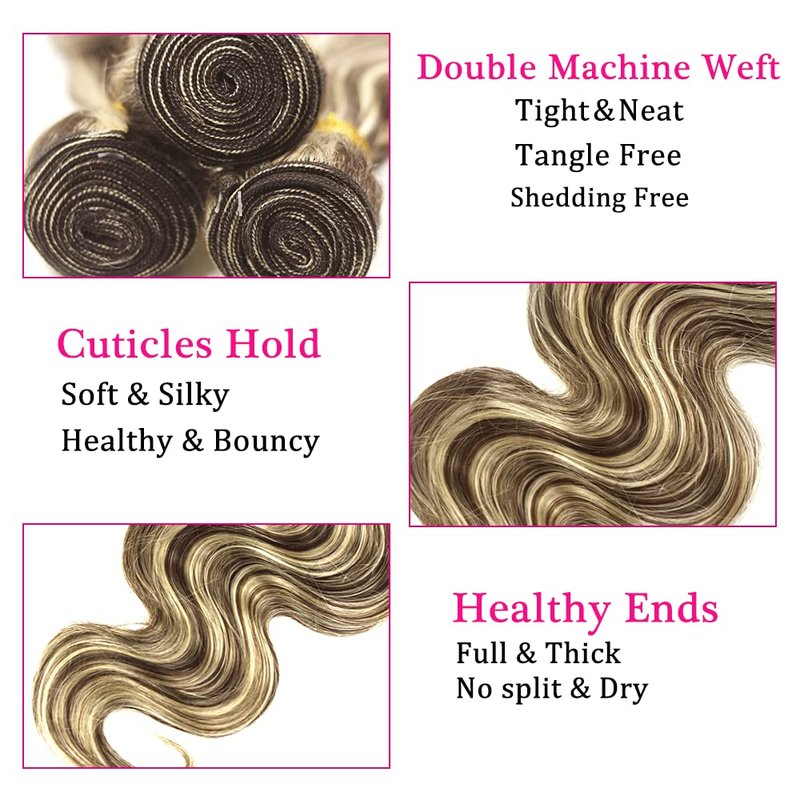 Blonde Bundles Human Hair Body Wave Bundles 28 Inch Unprocessed Brazilian Virgin Remy Hair Highlight Brown 1 Bundle P4/613 Highlight Blonde Body Wave Human Hair Extensions 50 Gram Per Bundle