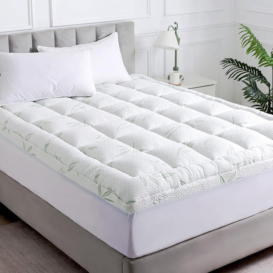 WhatsBedding Queen Mattress Topper - Soft Pillow Top with Deep Pocket & 7D Spiral Fiber Filling