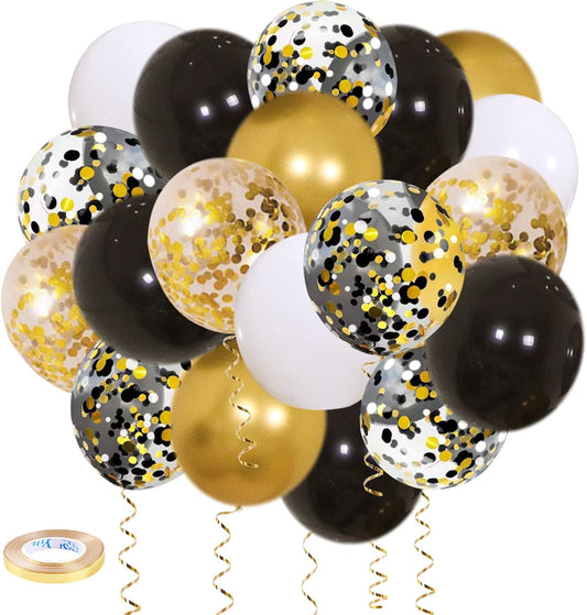 Zesliwy Black Gold Confetti Balloons - 50 Pack of 12-Inch Gold, White & Black Balloons for Parties