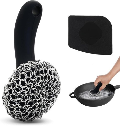 Cast Iron Scrubber - 316 Chainmail Cleaner with Long Handle | Dishwasher Safe Cleaning Kit (Black)