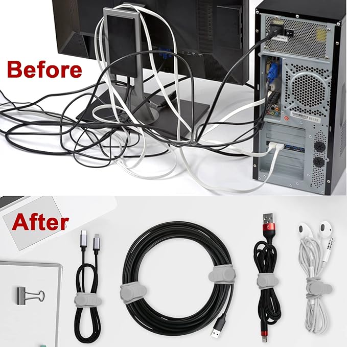 Nearockle 16Pcs Silicone Cable Ties Cord Organizer for Bundling Earphone, Phone Charger, Computer Cords, Reusable Wire Cable Management in Home,Office,Kitchen,School,Travel (Grey)