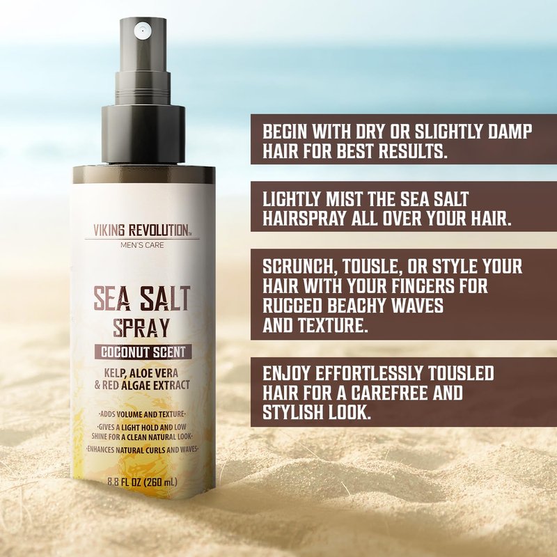 Viking Revolution Coconut Sea Salt Spray for Hair Men - Hair Texturizing Spray with Kelp, Aloe Vera & Red Algae Extract - Surf to Add Volume and Texture - Sea Salt for Men Beach