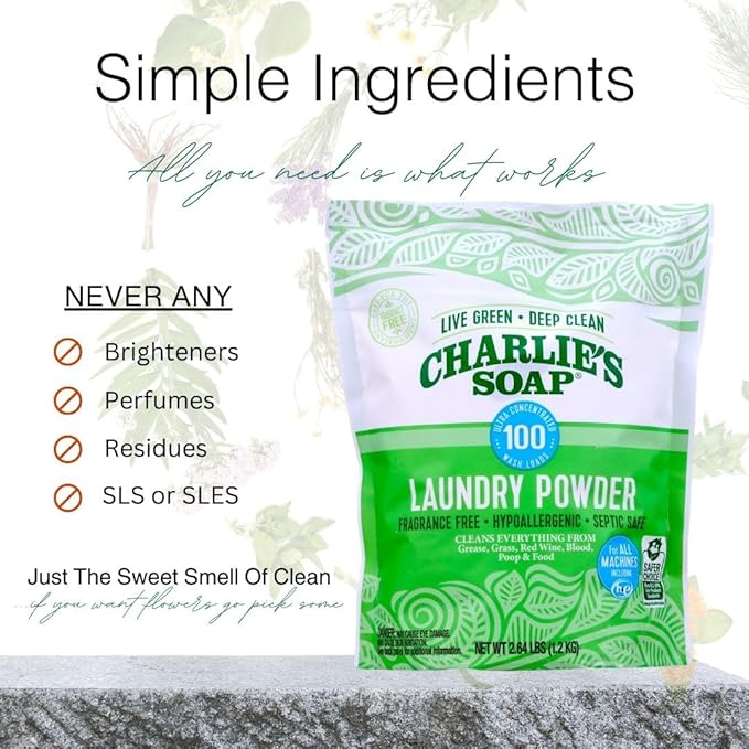 Charlieâs Soap Laundry Powder (100 Loads, 2 Pack) Hypoallergenic Deep Cleaning Washing Powder Detergent â Eco-Friendly, Safe, and Effective