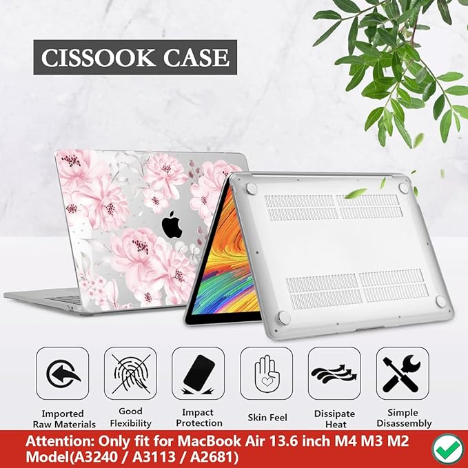 CISSOOK Compatible with MacBook Air 13.6 inch Case M5 M4 M3 M2 Chip 2026 2025 2024 2023 2022, Hard Shell Case Keyboard Cover Screen Protector for Mac Air 13 A3240 A3113 A2681 A3449, Cute Pink Flower
