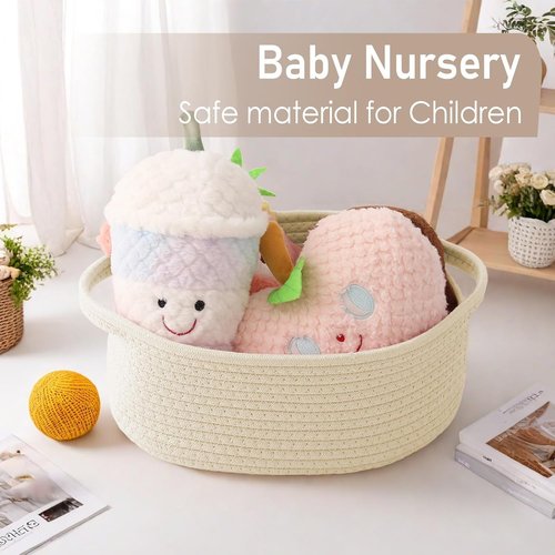 JMvicyroam Woven Basket - Small Rope Storage Bin with Handles for Organizing Shelves & Closets | Beige Gift Basket for Toys & Books
