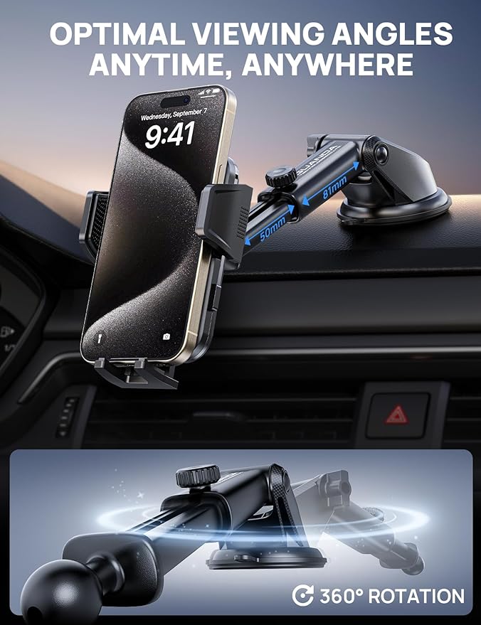 Guanda Car Phone Holder Mount with Air Vent Hook, Military Grade Stable, 360 Rotatable Suction Cup for Dashboard Windshield, Truck Cradle Stand Compatible with iPhone 17 16 Pro Max Samsung All Phones