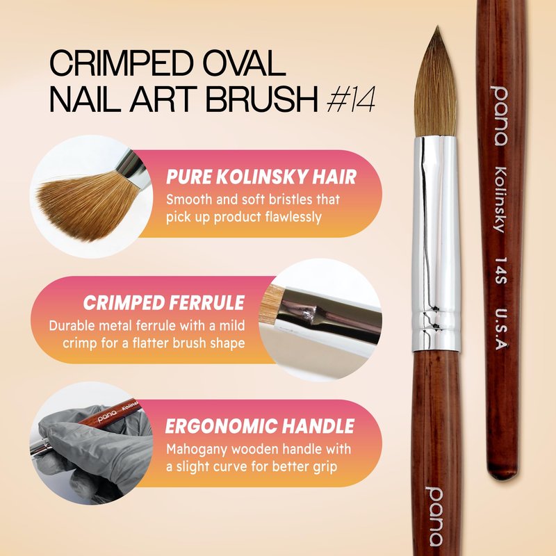 PANA Pure Kolinsky Hair Acrylic Nail Brush - Oval Crimped Shape Silver Ferrule with Mahogany Wood Handle (Size 14)