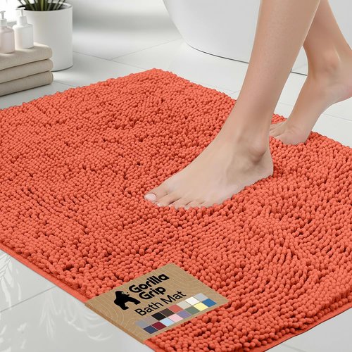GORILLA GRIP Bath Rug Mat 30x20, Thick Soft Absorbent Chenille, Quick Dry Microfiber Mats, Rubber Backing Washable Shower Floor Rugs, US Designed Bathroom Bathmat Home Decor Accessories, Coral