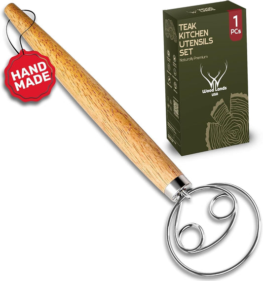 Woodlands USA Danish Dough Whisk - 13 Inch 304 Stainless Steel Hook & Long Wooden Handle for Artisan Bread Making