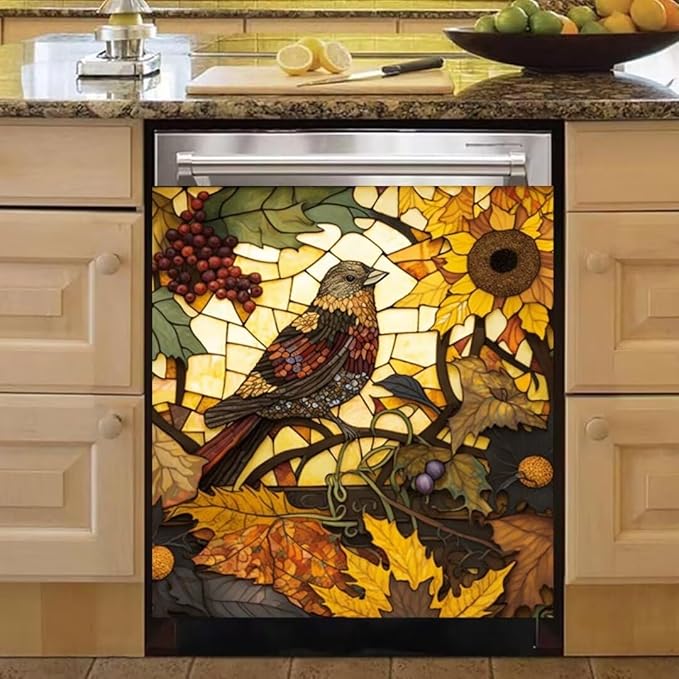 Stained Glass Bird Dishwasher Door Panel Decal Magnet Cover, Stained Glass Art Magnet Dishwasher Full Door Cover Sunflower Grape Refrigerator Magnetic Sticker - 23" W x 26" H Magnetic