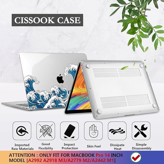 CISSOOK Ocean Case for MacBook Pro 14 inch 2021 2022 2023 2024 2025 2026 Release Model M1 M2 M3 M4 M5 Pro/Max Chip, Wave Hard Shell for Pro 14-inch with Touch ID