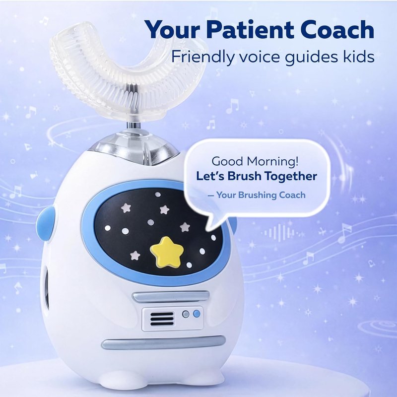 Kids U Shaped Electric Toothbrush - Music & Voice Guided, 4 Brush Heads, Rechargeable | Ages 3-7, Heroic White