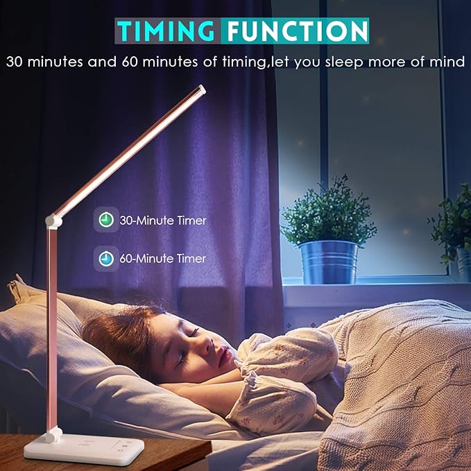 JOSTIC LED Desk Lamp with Wireless Charger, USB Charging Port, Desk Lighting with 10 Brightness, 5 Color Modes, Dimmable Eye Caring Reading Desk Lamps for Home Office, Touch Control, Auto Timer, Pink