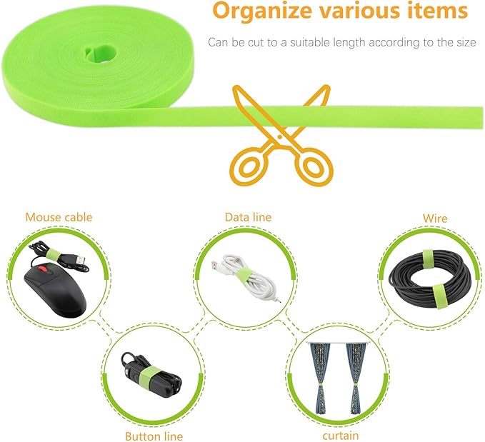Saisn Reusable Fastening Tape Cable Ties 3/4 Inch Double Side Hook Roll (25 Yard, Green)