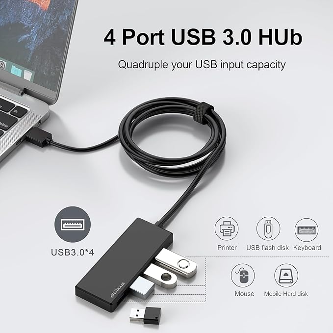 ANYPLUS USB Hub, Multiport USB Splitter Adapter, 2 ft Long Cable USB 3.0 Hub, USB Extender for Laptop, PC, iMac, Surface Pro, MacBook, Mac Pro, Flash Drive, XPS, Mouse, HDD, Black, HJ-Black-0.5M-001