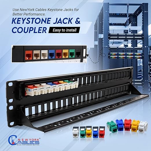 NewYork Cables 48 Port Blank Keystone Patch Panel 2U 19 Inch Rack Mount, Snap-in Modular Design, Cat6 Network Ethernet Panel, Heavy Duty Steel, for Server Racks, Supports Slim Keystone Jacks Only