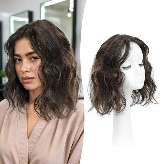 UDU Short Wavy Hair Topper 11 Inch for Women, Wavy Hair Piece with Side Bangs, Lightweight Breathable Hair Topper for Thinning Hair, Natural Looking Volumizing Top Piece