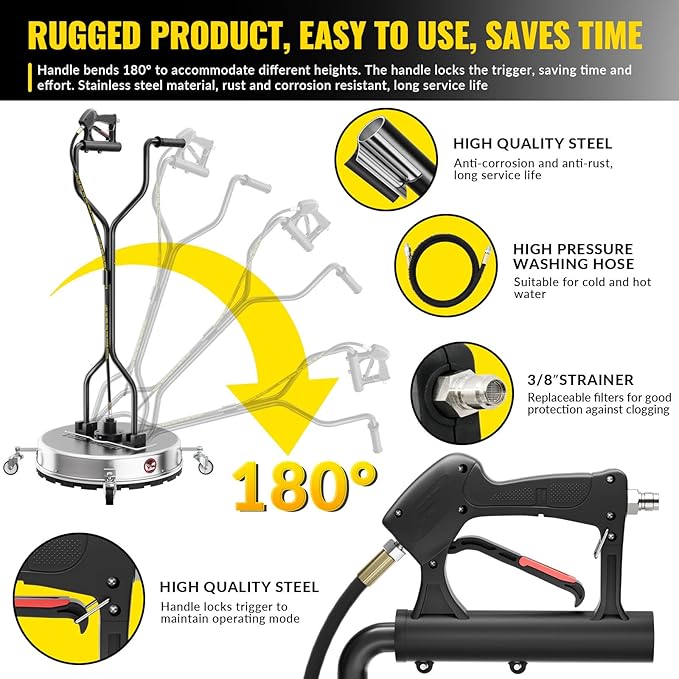 22 Inch Pressure Washer Surface Cleaner with 4 Wheels,Dual Handle,Stainless Steel Housing,4500 PSI Power Washer Accessory for Concrete, Patio, Sidewalk, Deck, Driveways and Daily Washing