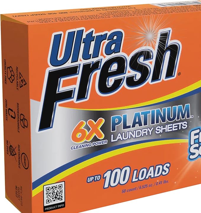 Ultra Fresh 50 Count Laundry Detergent Sheets for All Machine Types, 6X Platinum, Up to 100 Loads, Fresh Scent
