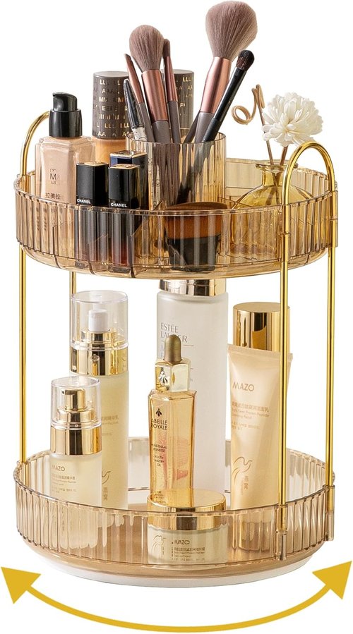 Asayuee 360° Rotating Makeup Organizer - Large Capacity 2-Tier Vanity Storage in Gold