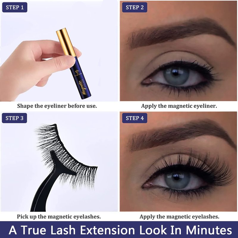 3D Magnetic Eyelashes with Eyeliner Kit - 7C SevenCrown Magnetic Lashes Natural Looking with Upgraded 4 Tubes of Liner Waterproof, Long Lasting,10 Pairs Reusable False Eyelashes Easy to Apply.