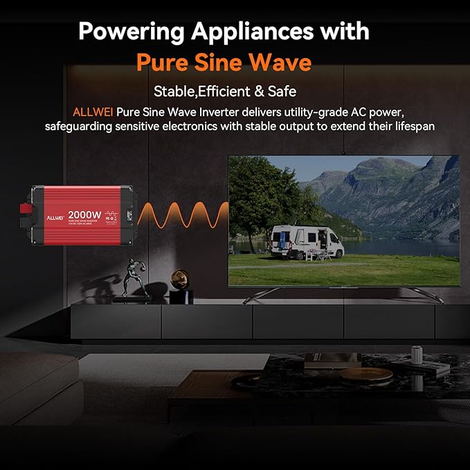 ALLWEI 2000W Pure Sine Wave Inverter 12V DC to 120V AC Converter, Surge 4000W, 20A Sockets, Hardwire Port, Power Inverters for Vehicles, RV Truck Home Solar & Off-Grid Inverter, Remote Controller