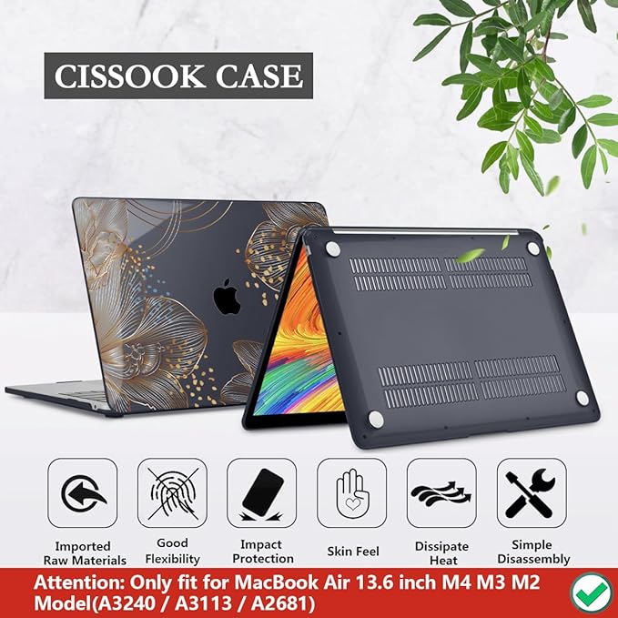 CISSOOK Gorgeous Flower Case for MacBook Air 13.6 inch M5 M4 M3 M2 2026 2025 2024 2022 Release, Hard Shell Case with Keyboard Cover +Screen Protector for MacBook Air 13 inch A3449 A3240 A3113 A2681