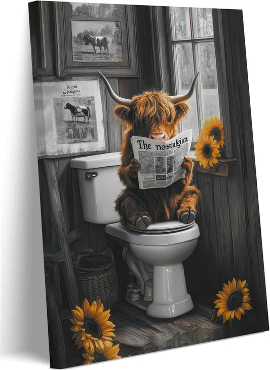 Ovczax Highland Cow Bathroom Wall Art - Cute Animal Decor Print | Framed 16" x 12" Poster