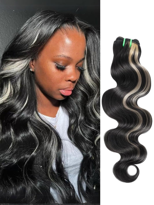 AUROO Platinum Blonde Highlight Black Mix Color Body Wave Human Hair, 100% Brazilian Thick Track Bundles #F1B/613 Ombre Skunk Stripe Balayage Colored Single Bundles Quick Weave Remy 14 In