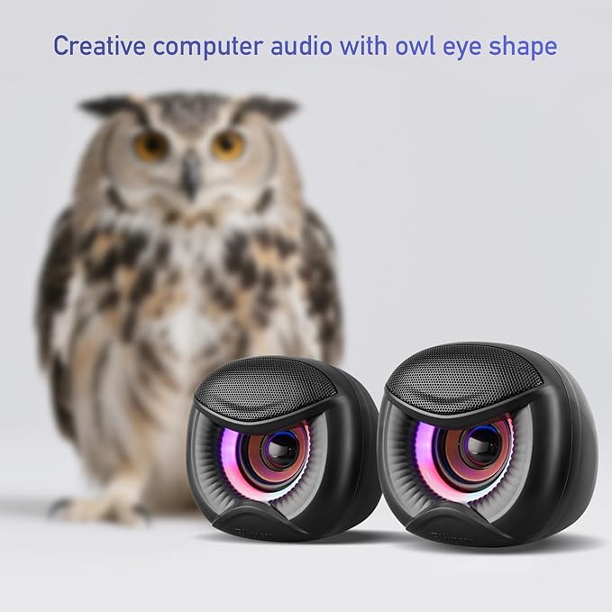Elimavi USB Computer Speakers, 3.5mm Aux Speaker and USB Powered Interface are Suitable for Desktop Laptop Monitor, Owl Eye Design, Includes a USB-C Adapter, Colorful Lights