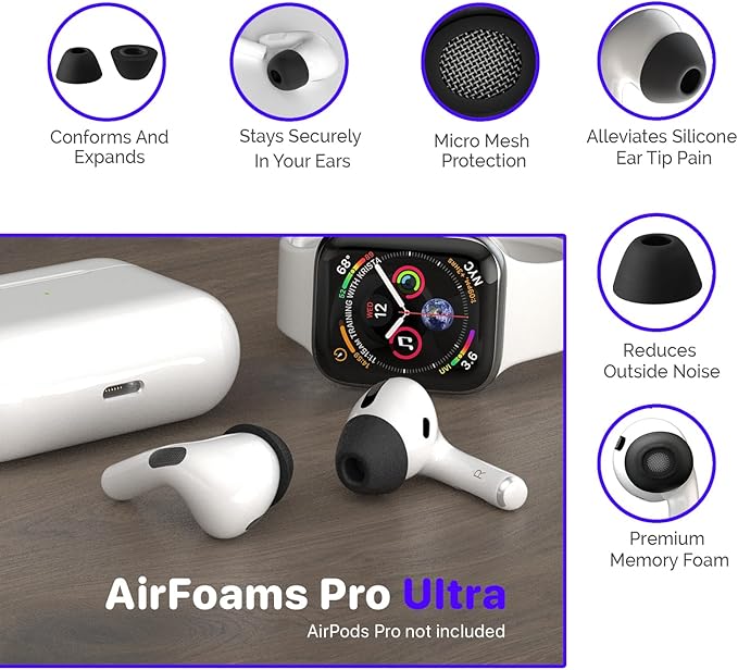 CharJenPro AirFoams Pro Ultra Memory Foam Ear Tips for AirPods Pro 1st & 2nd Gen, New Version 5.0, Secure in Ear, Comfortable, Great Noise Cancellation, Replacement Buds, 3 Pairs (Assorted S/M/L)