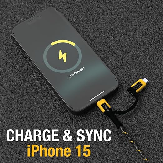 DEWALT Heavy Duty 4-in-1 Cable, Type C/MicroUSB/USB Cables for iPhone 17/16/15 iPad, USBC All in One Charging Cable, HTC, LG, Samsung Galaxy, Android, iPad Pro, Micro-to-C Charger Cables (6ft, Black)