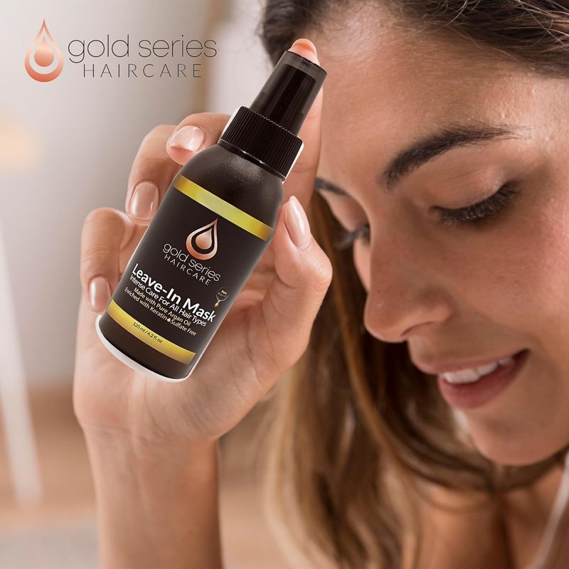 Gold Series Leave-In Hair Mask – Argan Oil Hair Mask Enriched with Keratin – Nourishing and Gently Detangling Leave In Conditioner Spray for Curly, Frizzy or Damaged Hair, 4.2 Fl.oz