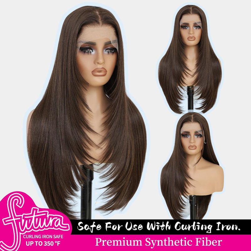 Synthetic 13x4 Lace Front Wigs Pre Plucked Chocolate Brown Straight Wigs For Women Ready to Wear Glueless Wig With Bangs Long Layered Straight Wigs 100% Futura Premium Fiber 26 Inch Beginner Friendly