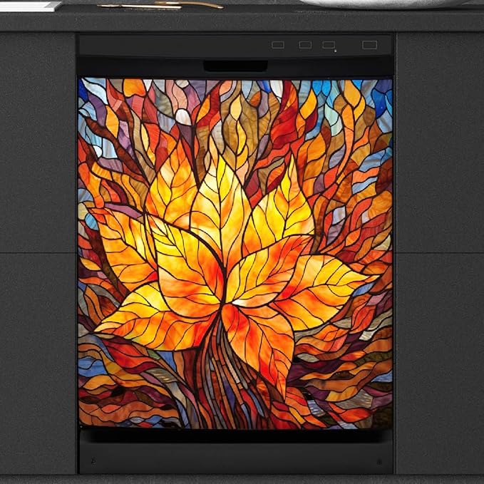 Autumn Gold Glass Leaves Dishwasher Magnet Cover for The Front Magnetic Dishwasher Door Covers Dish Washer Sticker Wrap Home Decorative Appliances Panel Decal Kitchen Decor 23" x 26" (Magnetic)