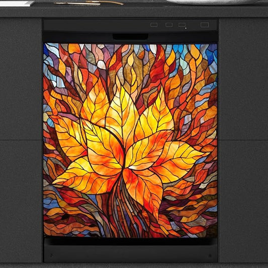 Autumn Gold Glass Leaves Dishwasher Magnet Cover for The Front Magnetic Dishwasher Door Covers Dish Washer Sticker Wrap Home Decorative Appliances Panel Decal Kitchen Decor 23" x 26" (Magnetic)