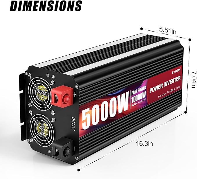 LVYUAN 5000 Watt Power Inverter 12V to 110V 120V with 4 AC Outlets, LCD Display, Wireless Remote Control for Vehicle, Solar System, Heavy Duty, RV, Truck, Off Grid, Camping