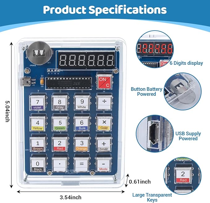MIOYOOW Soldering Practice Kit, 6-Digit LED Display DIY Calculator & Resistor Decoder STEM Electronics Solder Project for Students Learning