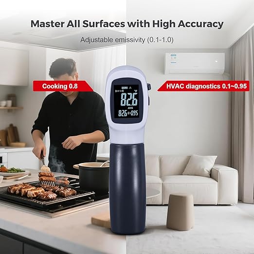VCooklify Temperature Gun for Meat,Automotive Infrared Thermometer Gun with Ring Laser DS12:1,Digital Thermal Gun with Adjustable Emissivity&High/Low Alarm,-58~1400℉IR Temp Gun for Engine,Brakes&HVAC