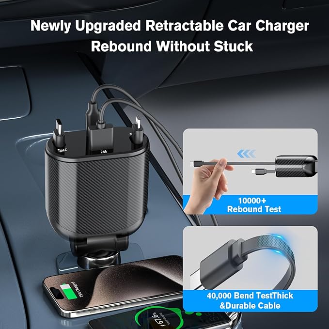 MAGJIEYX Retractable Car Charger, Fast Charging Adapter 62W Type-C/USB-i Cables and USB C/USB A QC & PD Ports for iPhone 17/16/15/14/13/12Pro Max Plus,iPad,AirPods, Galaxy