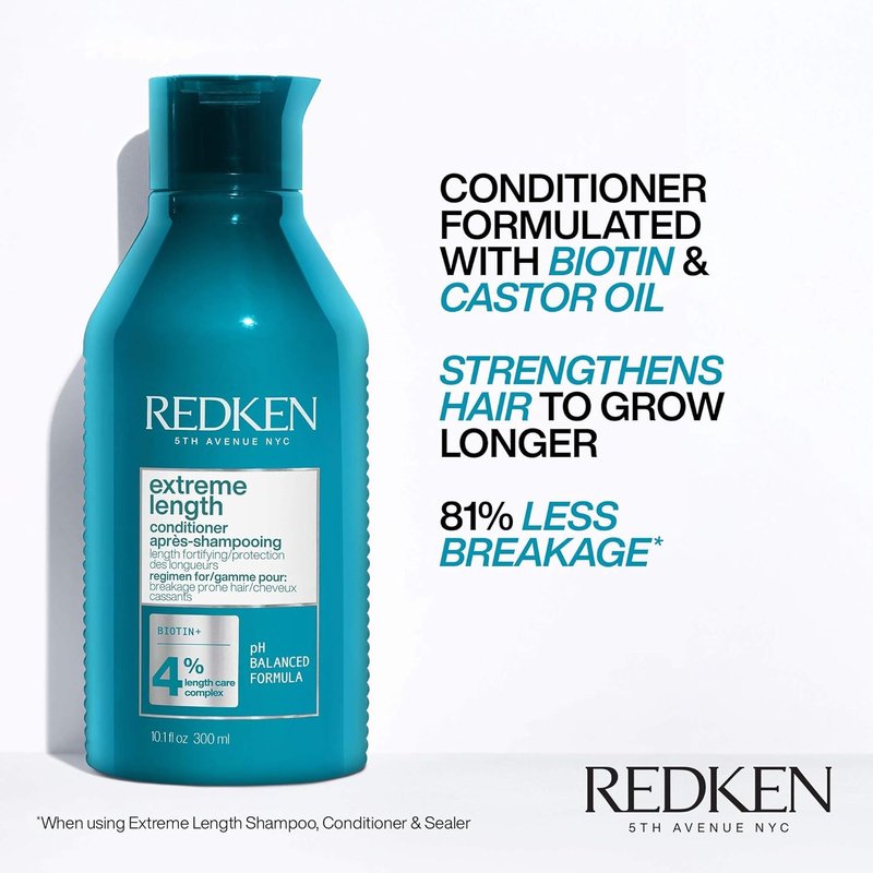 Redken Extreme Length Conditioner For Damaged Hair - Fortifies, Strengthens and Conditions Hair, Infused With Biotin & Castor Oil For Hair Growth, 10.1 Fl Oz