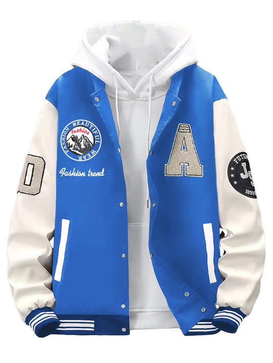 SHENHE Men's Color Block Streetwear Bomer Baseball Jacket Letter Print Varsity Coat Patched Blue L