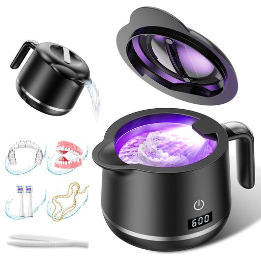 GYNHD Ultrasonic Retainer Cleaner Machine - 45kHz Ultrasonic Cleaner - 200ML Mouth Guard & Denture Cleaner Pod & Jewelry - 5 Modes with Digital Timer - Upgrade Water Bottle Design