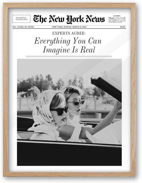 iHery Framed Newspaper Wall Art - "Everything You Can Imagine Is Real" | Natural Oak Wood 12x16in Canvas Decor for Bedroom & Living Room