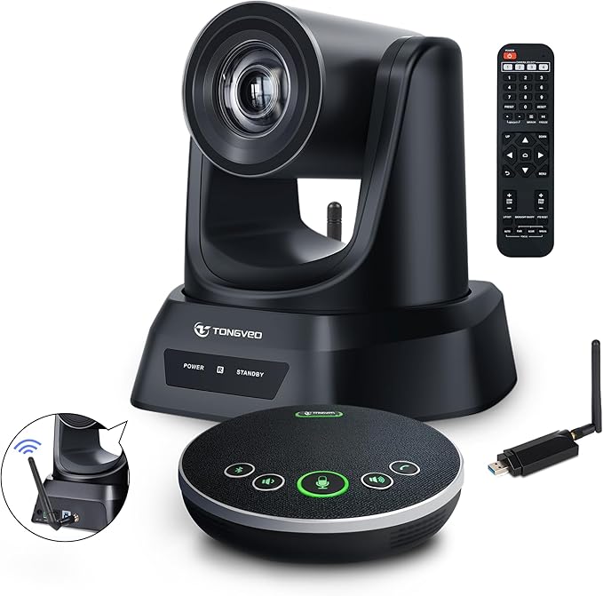 TONGVEO Wireless AI PTZ 20X Camera System with Auto Tracking Built-in Receiver & Bluetooth Speakerphone, 5.8GHz 1080P 60fps Conference Camera for Church Zoom, OBS Meetings